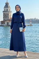 Yaka Bağlamalı Saten Etekli Takım-Lacivert