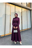 Kuşak Detay Saten Elbise-Mürdüm