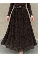 Flok Baskı Tül Etek-Kahve