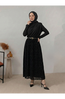 Flok Baskı Tül Etek-Siyah