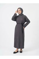 Pilise Dokulu Kemer Detay Elbise-Antrasit