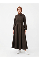 Yakalı Fermuar Detay Elbise-Kahve