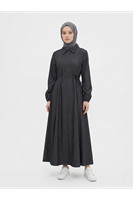 Yakalı Fermuar Detay Elbise-Siyah