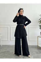 Omuz Aksesuar Pile DetayPantolonlu Takım-Siyah