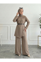 Omuz Aksesuar Pile DetayPantolonlu Takım-Vizon