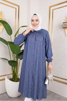 Kadın Kolu Lastikli Yaka Bağlama Detaylı Salaş Rahat Kalıp Boydan Düğmeli Uzun Tesettür Tunik-Lacivert