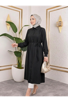 Arka Roba Omuz Pile Uzun Tunik-Siyah