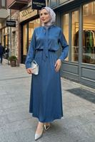 Yaka Bağlamalı Saten Etekli Takım-Petrol Mavisi