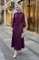 Yaka Bağlamalı Saten Etekli Takım-Mürdüm