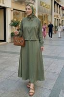 Omuz Pile Detay Saten Etekli Takım-Haki