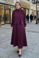 Omuz Pile Detay Saten Etekli Takım-Mürdüm