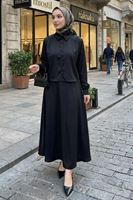 Omuz Pile Detay Saten Etekli Takım-Siyah