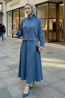 Omuz Pile Detay Saten Etekli Takım-Petrol Mavisi