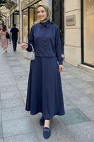 Omuz Pile Detay Saten Etekli Takım-Lacivert