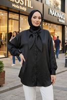 Yaka Detay Saten Tunik-Siyah