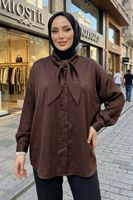 Yaka Detay Saten Tunik-Kahve
