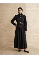 Ön Arka Pensli Kemer Detay Etekli Takım-Siyah