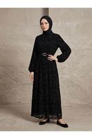 Flok Baskılı Tül Elbise-Siyah