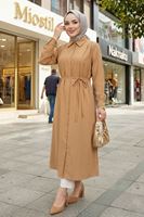 Arka Roba Omuz Pile Uzun Tunik-Karamel