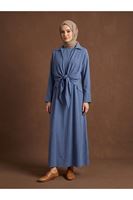 Yakalı Ön Bağlamalı İkili Elbise-İndigo