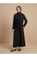 Yakalı Ön Bağlamalı İkili Elbise-Siyah