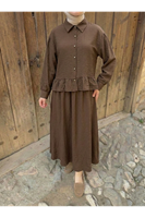 Büzgü Detay Etekli Takım-Kahve