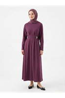 Önü Pensli Kuşak Aksesuar Detay Elbise-Gül Kurusu