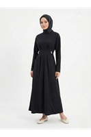 Önü Pensli Kuşak Aksesuar Detay Elbise-Siyah