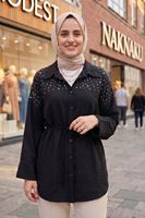 Kadın Siyah Yeni Sezon Roba Taş Detaylı Kuşaklı Tesettür Tunik Düğmeli Şık Günlük Kadın Tunik