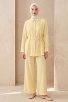 Kadın Yeni Sezon Kuşaklı İkili Tesettür Takım Sarı Renk Rahat Kalıp Yazlık Kadın Tesettür Takım