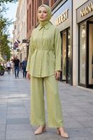 Kadın Yeni Sezon Kuşaklı İkili Tesettür Takım Yağ Yeşili Renk Rahat Kalıp Yazlık Kadın Tesettür Takım