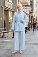 Kadın Yeni Sezon Kuşaklı İkili Tesettür Takım Bebe Mavisi Renk Rahat Kalıp Yazlık Kadın Tesettür Takım