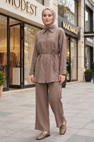 Kadın Yeni Sezon Kuşaklı İkili Tesettür Takım Duman Renk Rahat Kalıp Yazlık Kadın Tesettür Takım