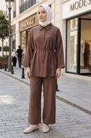 Kadın Yeni Sezon Kuşaklı İkili Tesettür Takım Kahve Renk Rahat Kalıp Yazlık Kadın Tesettür Takım
