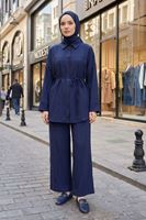 Kadın Yeni Sezon Kuşaklı İkili Tesettür Takım Lacivert Renk Rahat Kalıp Yazlık Kadın Tesettür Takım