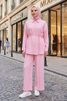 Kadın Yeni Sezon Kuşaklı İkili Tesettür Takım Pembe Renk Rahat Kalıp Yazlık Kadın Tesettür Takım