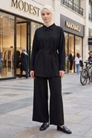 Kadın Yeni Sezon Kuşaklı İkili Tesettür Takım Siyah Renk Rahat Kalıp Yazlık Kadın Tesettür Takım