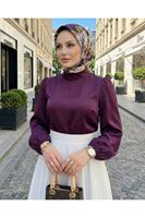 Kadın Mürdüm Arka Fermuar Detay Saten Tsettür Bluz Tunik 