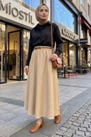 Kadın Bej Beli Lastikli Kemer Detay Terikoton Yazlık Trend Şık Tesettür Etek