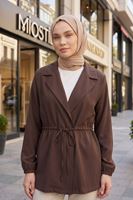 Kadın Kahve Tesettür Ceket Belden Bağcıklı Mevsimlik İnce Kumaş Rahat Kalıp Kadın Ceket