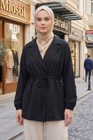 Kadın Siyah Tesettür Ceket Belden Bağcıklı Mevsimlik İnce Kumaş Rahat Kalıp Kadın Ceket