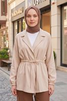 Kadın Bej Tesettür Ceket Belden Bağcıklı Mevsimlik İnce Kumaş Rahat Kalıp Kadın Ceket
