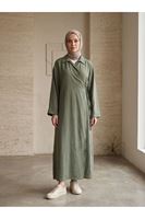 Yakalı Yandan Bağlamalı Uzun Ceket-Haki