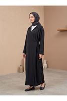 Yakalı Yandan Bağlamalı Uzun Ceket-Siyah