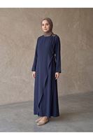 Omuz Pile Toka Detay Elbise-Lacivert