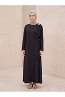 Omuz Pile Toka Detay Elbise-Siyah