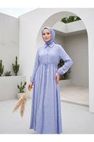 Bel Fırfır Detay Yarım Pat Elbise-Mavi