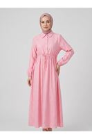 Bel Fırfır Detay Yarım Pat Elbise-Pembe