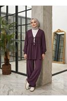 Büzgülü Bağlamalı Pantolonlu Takım-Bordo