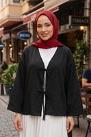 Kadın Siyah Ön Bağlamalı Yeni Sezon Günlük Rahat Kalıp Trend İnce Çilek Kumaş  Tesettür Kimono Tunik